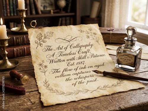 Vintage Calligraphy Scene with Quill Pen, Inkwell, and Aged Parchment Paper on a Wooden Desk, Evoking Timeless Craft and Artistic Expression