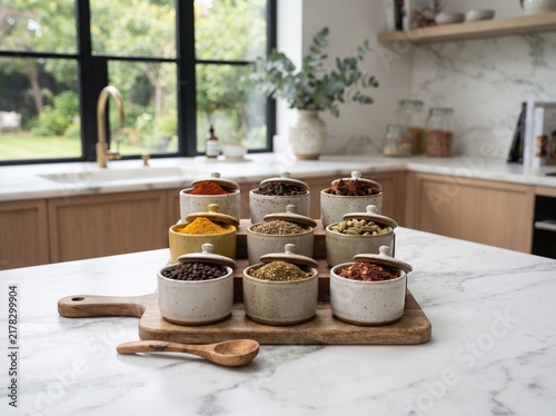 Assorted ceramic spice jars filled with colorful aromatic seasoning on a wooden board in a modern white kitchen
