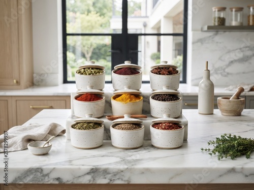 Minimalist White Ceramic Spice Pots Filled with Colorful Spices on a White Marble Kitchen Countertop