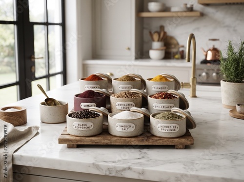 Assorted Spices and Seasonings in Elegant Ceramic Jars on a Wooden Tray in a Modern Kitchen Countertop