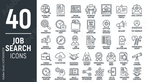 Set of 40 outline business employment and career search vector icons illustrating recruitment and hiring process