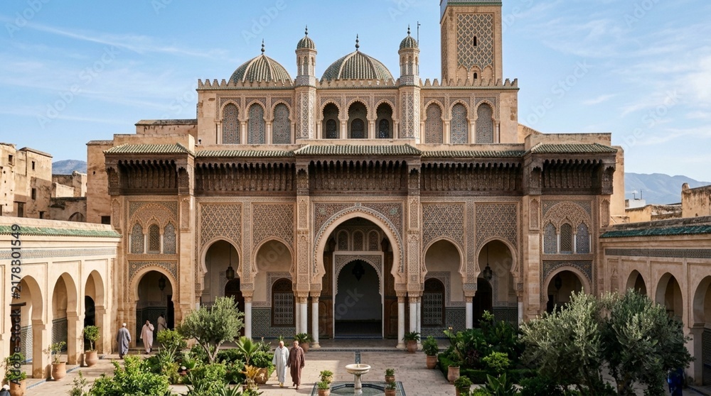 Obraz premium Marrakech Medersa Courtyard with Arches, Domes and Minaret - Moroccan Architecture