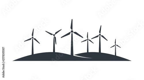 Black silhouette of wind turbines on a hill isolated on white