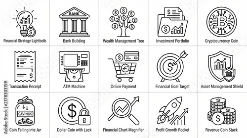 Set of fifteen finance and business line icons for investment growth