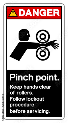 Danger Pinch Point Keep hands Clear Of Rollers Follow Lockout Procedure Before Servicing Symbol Sign, Vector Illustration, Isolate On White Background Label. EPS10