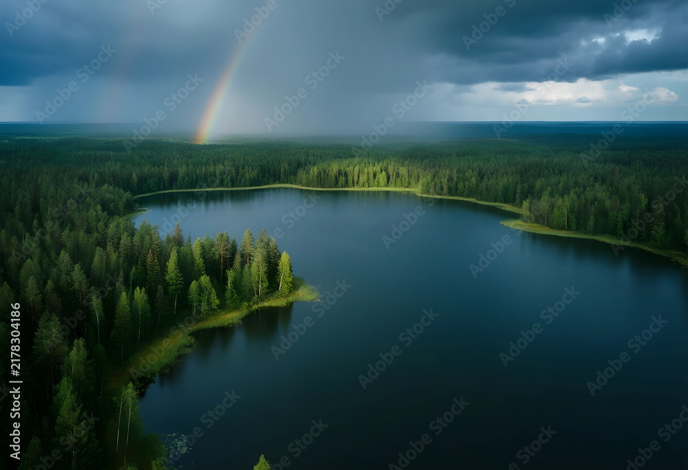 Obraz premium Environmental conservation and climate change, rainbow over a pristine forest lake with dark storm clouds and sunlight in a wilderness landscape