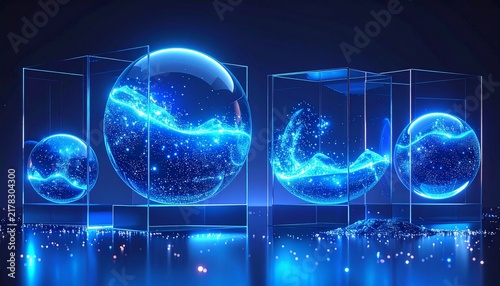 Abstract 3D glowing blue spheres with glass frames on dark background. Ideal for futuristic technology, AI concept, corporate presentations, and digital ads