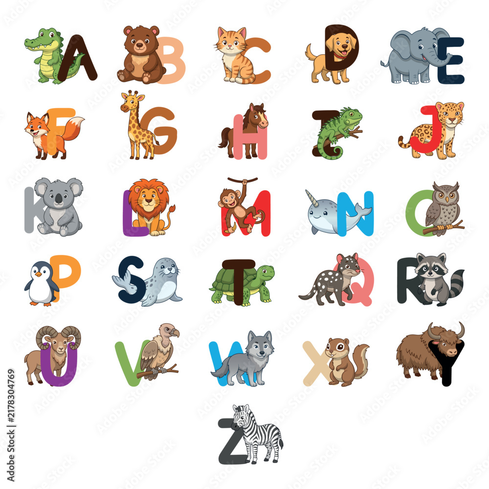 Obraz premium Cute Animal Alphabet Chart for Kids A to Z