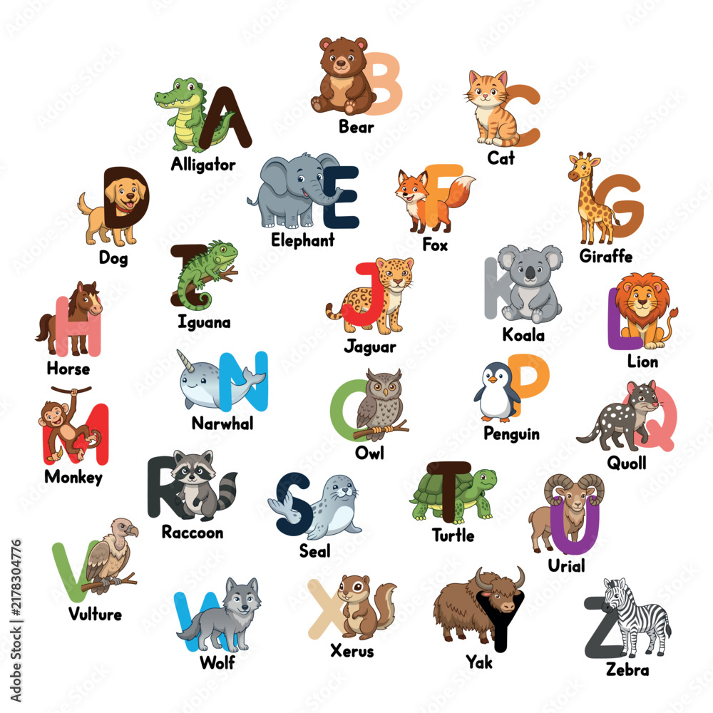 Obraz premium Cute Animal Alphabet Chart for Kids A to Z
