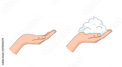 stylized minimalist vector illustration of a feminine hand showing two steps: waiting for and cradling a perfect white foam mound on a stark background. concept of precise cosmetic demonstration