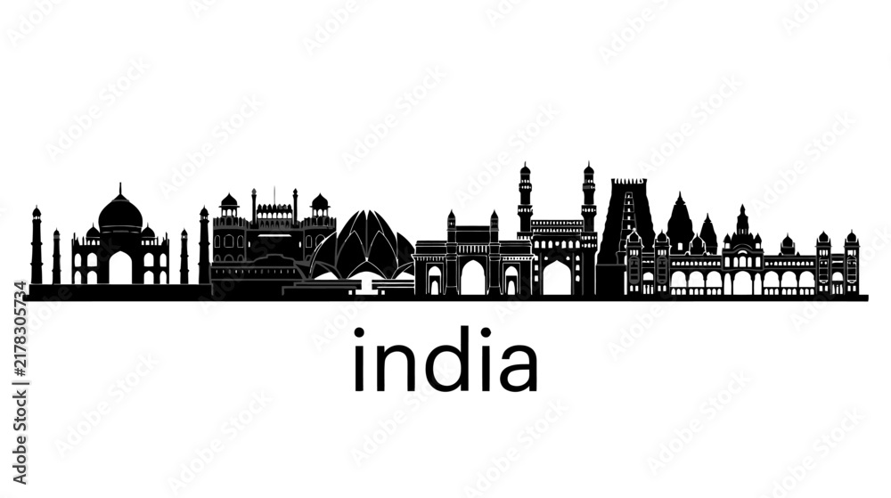 Obraz premium Indian Skyline Silhouette: Famous Landmarks of India