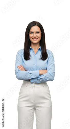 full-length studio portrait of a confident caucasian woman (30s) in azure shirt and white trousers, arms crossed, clear glasses, isolated on a transparent high-key background with copy space. concept