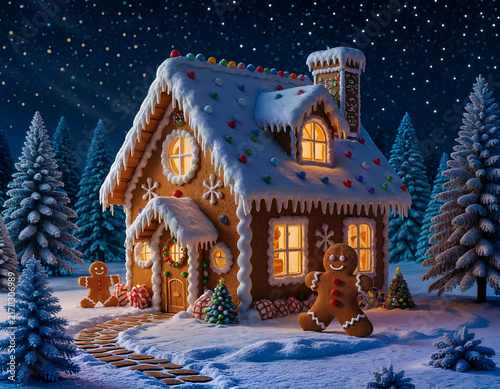 Snow-covered gingerbread house adorned with colorful candy and icing details, illuminated from within. Gingerbread figures are placed outside. Christmas background