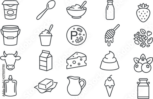 20 Yogurt, Dairy Products, and Probiotics Line Icons Set