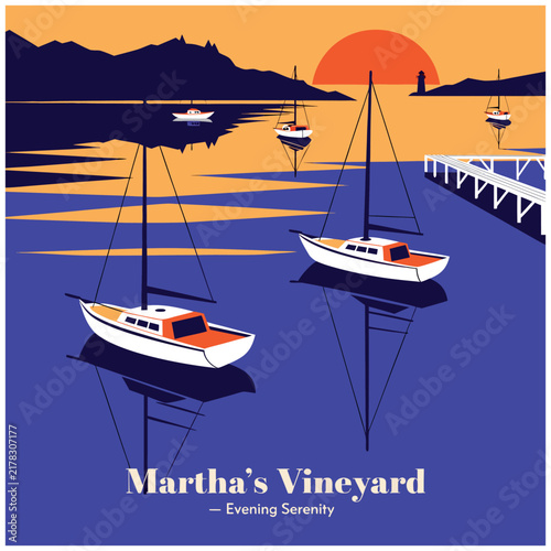 Martha's Vineyard Evening Serenity: Sailboats at Sunset with Lighthouse and Mountains in a Flat Vector Art Style