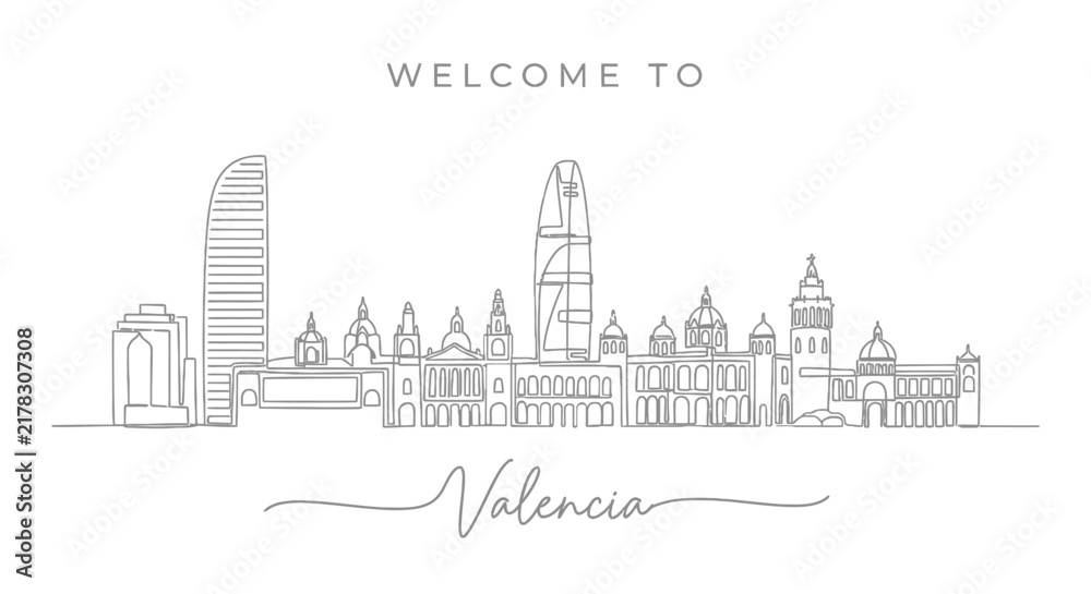 Obraz premium Valencia Skyline Minimalist Line Drawing Cityscape Welcome Vector Art