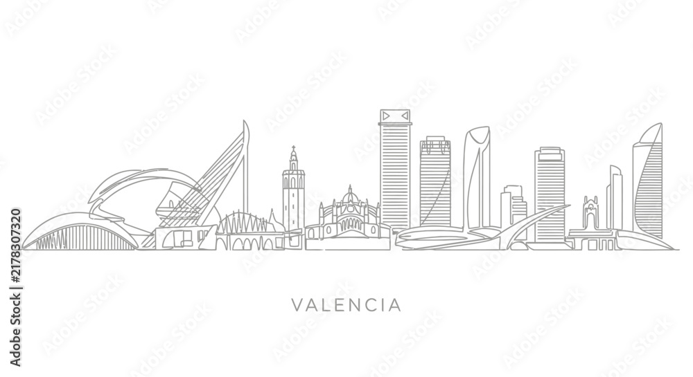 Obraz premium Valencia Skyline: Modern Architecture and Historic Landmark Line Drawing