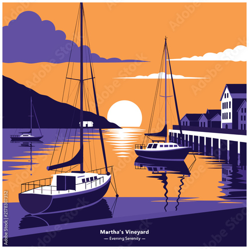 Martha's Vineyard Evening Serenity: Sailboats in Harbor at Sunset with Town and Pier, Retro Flat Design Travel Illustration