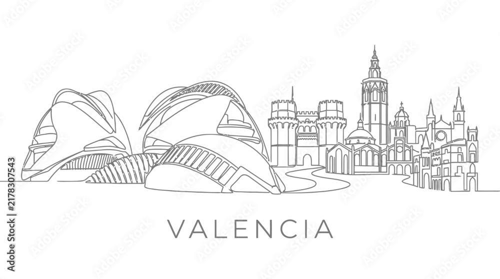 Obraz premium Valencia Skyline Outline Cityscape - Modern Architecture and Historic Buildings
