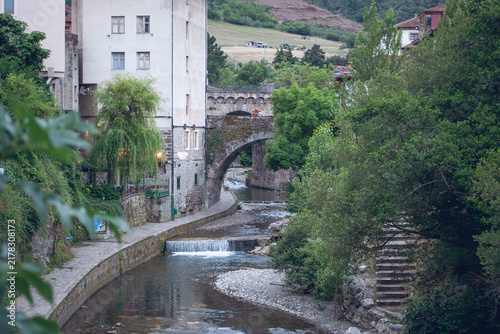 Quiviesa river and stone bridges in the historic village of Potes, Cantabria