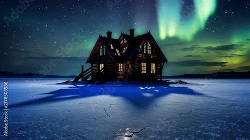Wooden cabin illuminated by northern lights on frozen lake, showcasing vibrant colors and shadows cast on icy surface under starry night sky