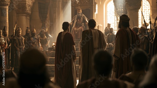 Two men standing before a king on a throne in an ancient palace