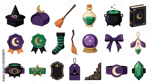 Принти на полотні Witchcraft magic icons set, 18 mystical halloween vector elements, purple and gr
