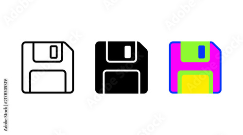 Foto Floppy disk vector icon set in outline black and colorful styles with technology