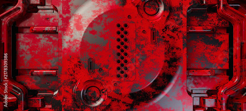 Grunge metallic scifi mechanical panel with peeling red paint 3d render