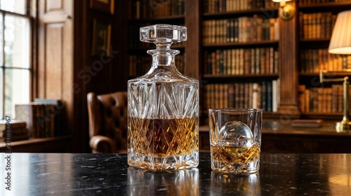 Elegant crystal decanter and glass filled with amber whiskey, library backdrop