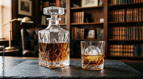 Elegant Whiskey Decanter and Glass with Ice Ball in Study