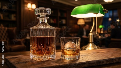 Elegant Whiskey Decanter and Glass with Ice Sphere in Cozy Bar
