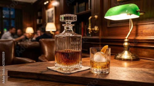 Elegant Whiskey Decanter and Glass with Orange Peel in Cozy Lounge