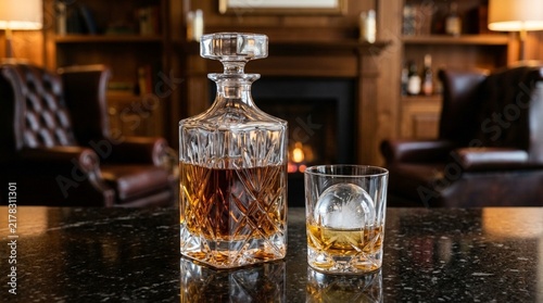Whiskey Decanter and Glass with Ice Ball in Cozy Room