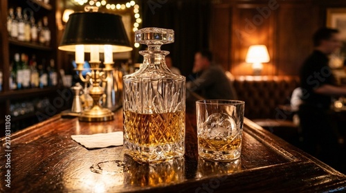 Whiskey Decanter and Glass on Bar Counter, Cozy Atmosphere