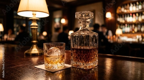 Whiskey Decanter and Glass with Ice Ball on Bar Counter in Cozy Lounge