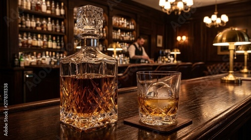 Whiskey Decanter and Glass with Ice Ball on Bar Counter in Gentleman's Club