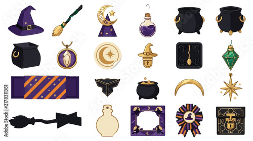 Foto Witchcraft magic icons set, mystical wizard accessories collection, purple and g