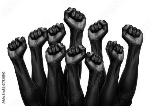 close-up b&w conceptual shot of sculpted african american forearms and tightly clenched fists raised vertically against white copy space background. concept of collective resistance and unity