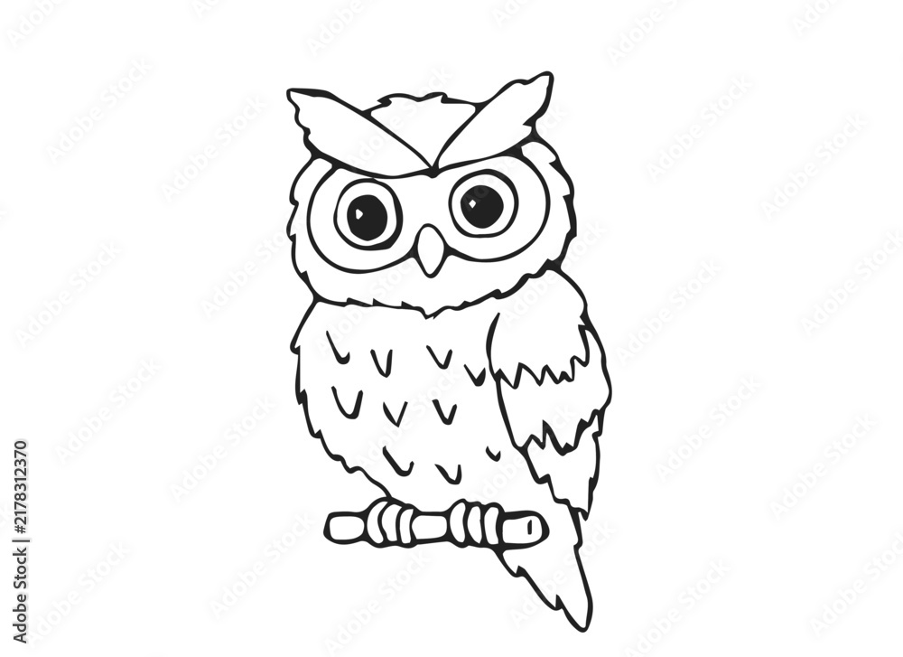 Fototapeta premium Cute Hand Drawn Owl Bird Sitting on Branch with Big Eyes Line Art Doodle Illustration