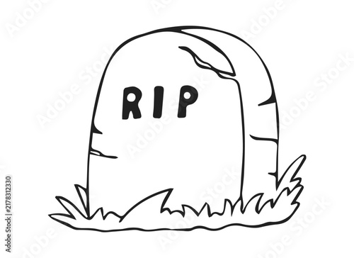 Hand Drawn Cracked Tombstone with RIP Lettering and Grass Line Art Doodle Illustration for Halloween Design