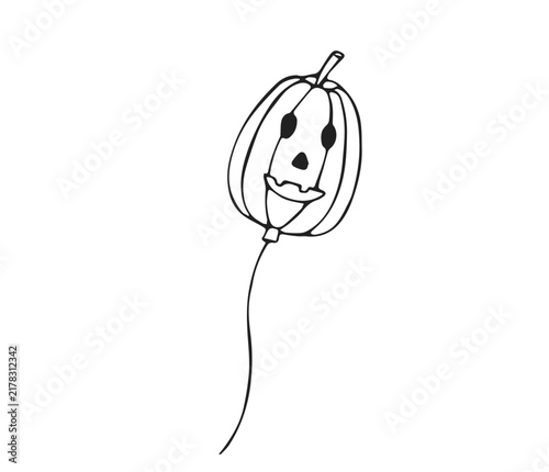 Hand Drawn Halloween Pumpkin Face Balloon on String Line Art Doodle Illustration