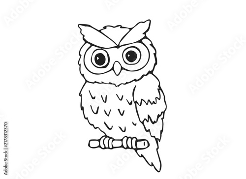 Cute Hand Drawn Owl Bird Sitting on Branch with Big Eyes Line Art Doodle Illustration