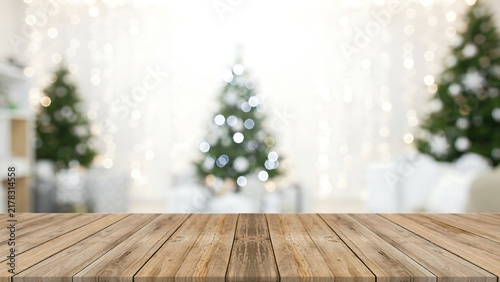 Beautifully Blurred Christmas Decorated Room With Wooden Table Foreground Showing Festive Holiday Atmosphere