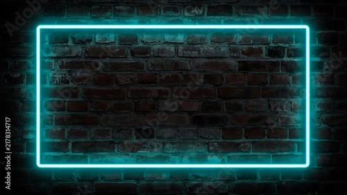 Modern neon outline frame on rustic brick wall with glowing turquoise light effect