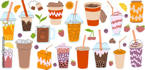 A collection of vector illustrations of fast food drinks. Cartoon banner with different hot and cold beverages. Bubble tea, ice coffee, fresh juice and soda in various packaging. Modern menu design