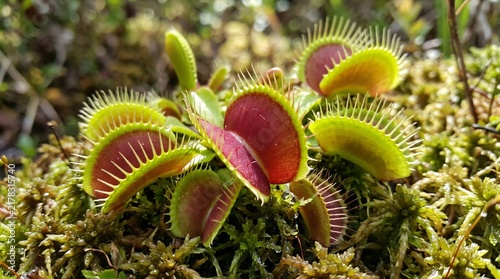 Carnivorous Venus flytrap cluster in bright filtered sunlight, open traps showing red interiors and delicate trigger hairs, moss base.