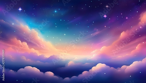 Dreamy Starry Night Sky Above Pastel Clouds With Celestial Glow Gradient Horizon And Ethereal Atmospheric Background