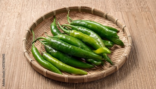 Fresh Green Chili Peppers Arranged On A Woven Bamboo Tray