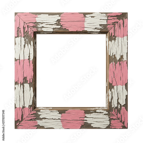 Vintage square wooden picture frame with cracked white and pink paint isolated on transparent background